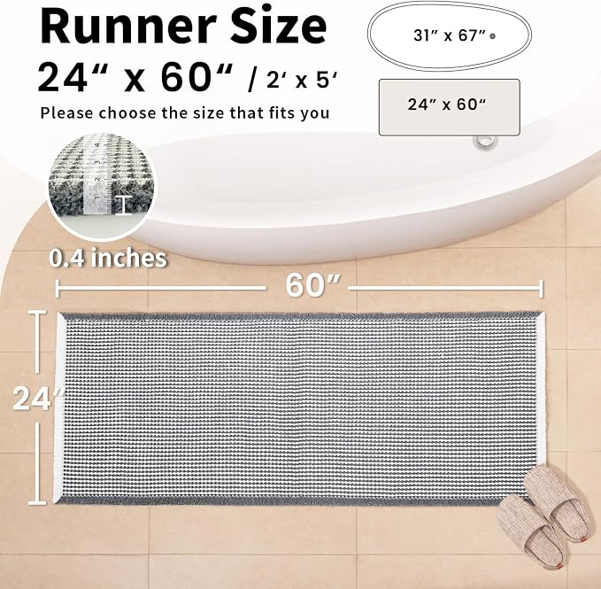 Waffle Runner Bath Mat - Long Boho Bathroom Rugs Non Slip Washable, Super Absorbent & Quick Dry, Soft Bath Mat Farmhouse Bathroom Decor, 24'' x 60'', Dark Grey and White