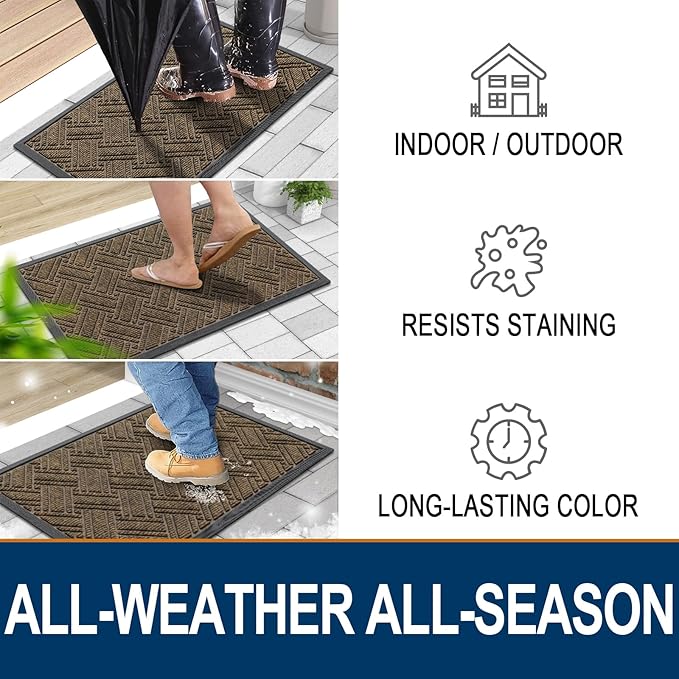 OLANLY Indoor Outdoor Mat, Sturdy Natural Rubber Floor Mat, Non Slip Low Profile Waterproof Doormat, and Stain Front Door Mats, Easy Clean Patio Entrance Mat, 36''x24'', Brown