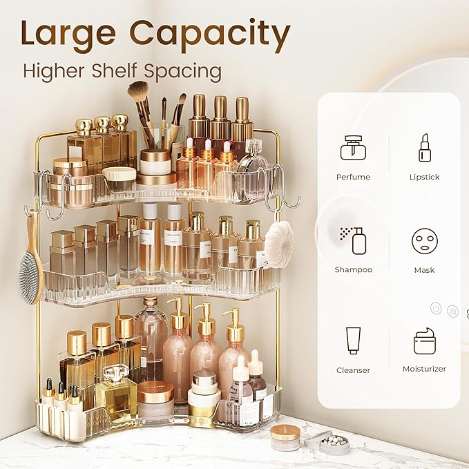 Corner Bathroom Counter Organizer 3-Tier Bathroom Organizer Countertop with Hooks Perfume Organizers Storage Shelf for Makeup & Skincare Dresser-Clear
