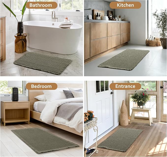 JIUZHEN Set of 2 Waffle Bath Mats Non Slip Waffle Bathroom Runner Rug Washable Boho Runner Bath Rugs Super Absorbent Shower Mat for Bathroom Kitchen Hallway Laundry, 16" x 24" +24" x 60", Olive Green