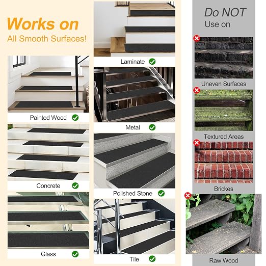 Outdoor Stair Treads Non Slip for Wooden Steps 6" x 30" - 15 Pack Weather Resistant Exterior Grip Tape, Non Slip Stair Treads, Anti Skid Strips, Waterproof 80-Grit High Traction Adhesive Treads, Black