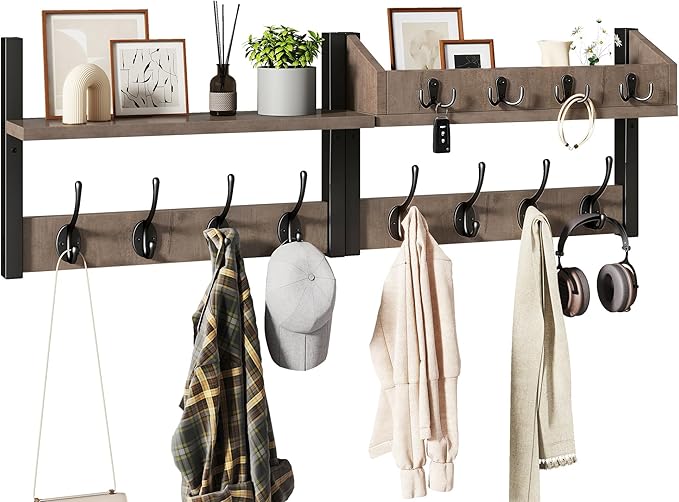 YMYNY 31.5" Coat Rack Wall Mount with Shelf, 4 in 1 Key and Coat Hanger with 12 Metal Hooks, Wall Shelf with Hooks & Mail Holder for Living Room, Bedroom, Silver Gray, HWS007Y-2