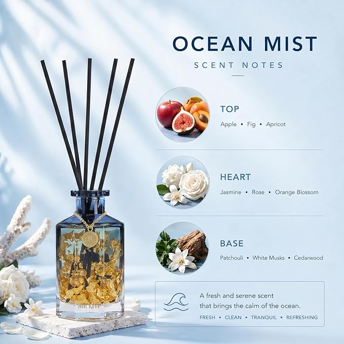 Airkeep Reed Diffuser Set,Ocean Mist Luxury Scented Diffuser with Sticks Long Lasting Home Fragrance for Bathroom Shelf Decor 6.09 fl oz (180ml)