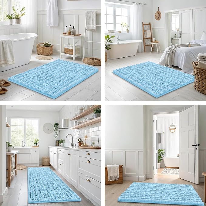 Smiry Bathroom Rugs Mat 24x16, Extra Soft Absorbent Chenille Bath Rugs, Non Slip Rubber Backing Machine Washable Quick Dry Bath Mats for Bathroom Floor, Tub, Shower, Home Decor Accessories, Sky Blue