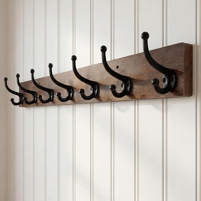 WEBI Rustic Coat Rack Wall Mount,30" Long 7 Cast Iron Coat Hooks Wall Mounted,Heavy Duty Wood Wall Coat Hanger Hooks for Hanging Coats,Jacket,Clothes,Backpack,Farmhouse,Rustic Brown