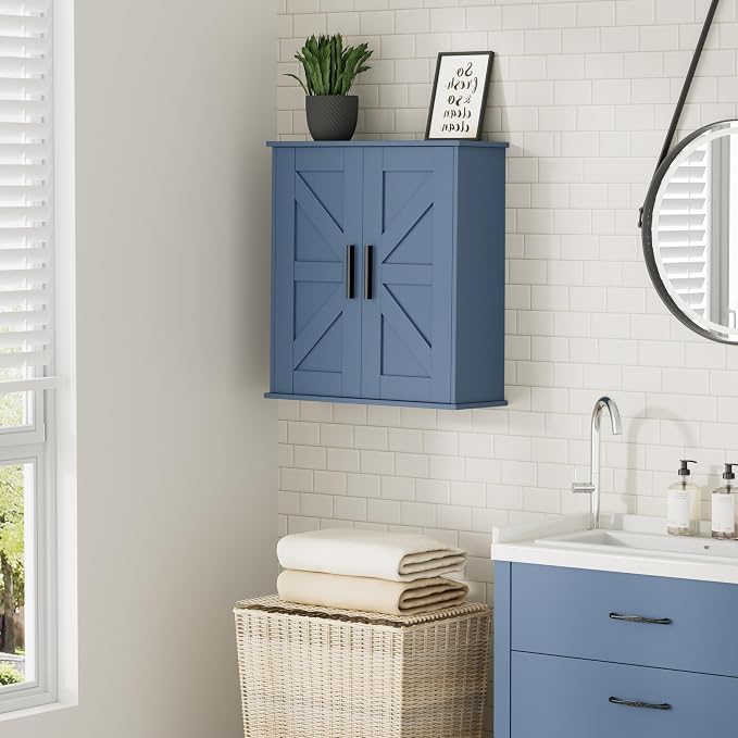 Homleke Bathroom Wall Cabinet, Over Toilet Storage Cabinet with Barn Doors and Adjustable Shelves, 3-Tier Medicine Cabinet Wall Mounted, for Bathroom, Kitchen, Entryway, Laundry Room, Blue, (7.9" D)