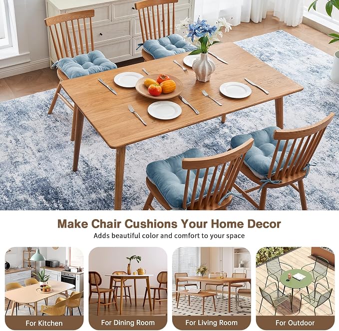 BETU Chair Cushions for Dining Chairs Set of 4,3.5" Thick Kitchen Table Chair Pads with Ties,Non Slip Backing and Covers, Seat Cushion for Dining Room,Bar,Patio Chairs,15.5"X15.5"X3.5",Smoky Blue