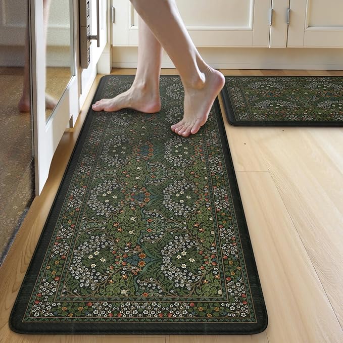 Collive Kitchen Mats for Floor, Cushioned Anti Fatigue Mat Dark Green Floral Rugs 2 Piece Non Skid Waterproof Sink Rug, Memory Foam Comfort Standing Mat for Office, Laundry, Desk