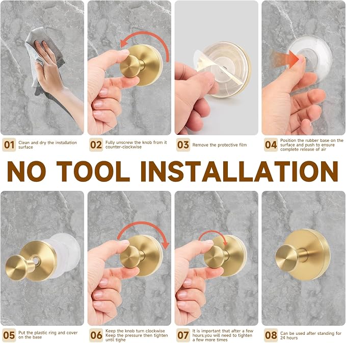 Suction Cup Shower Hooks for Inside Shower – 15 LB Heavy-Duty No-Drill Towel Hooks, Removable & Reusable for Towels, Robes & Loofah, Waterproof for Glass & Tile(4 Gold)