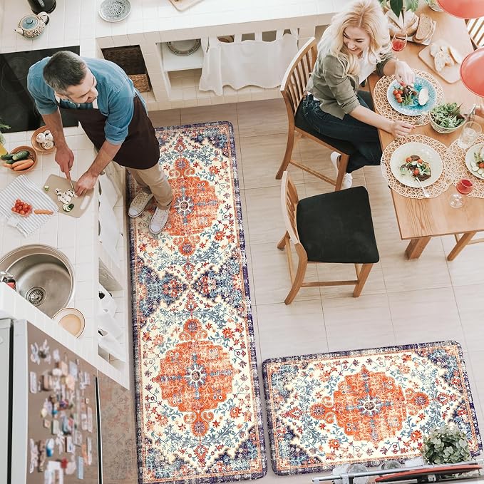 KIMODE Anti Fatigue Kitchen Mat, Boho Distressed Kitchen Rugs Sets of 2, Kitchen Floor Mats Non Slip Cushioned, Waterproof Standing Mat for Laundry, Office, Sink, Desk, Orange/Purple