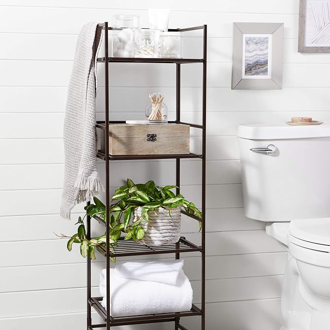 Amazon Basics 4-Tier Iron Towel Shelf Black 11.4"L x 11.8"W x 44.5"H | for Bathroom