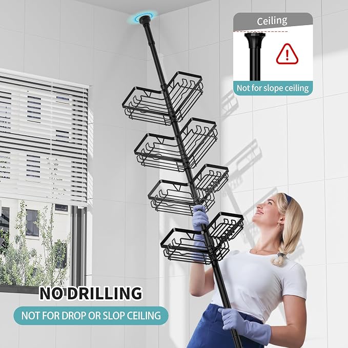 KEGII Shower Caddy Corner Tension Pole with Toothbrush Holder - Adjustable Corner Shower Organizer with Tooth Brush Holder, No Drilling Rustproof Bathroom Shelf Storage Rack, Fits 25-114.2 Inch