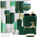 XLHOMO Green and Gold Bathroom Accessories Set, Bathroom Sets with Shower Curtain, Green Bathroom Accessories with Trash Can, Soap Dispenser, Soap Dish, Toilet Brush Holder, Qtip Holders