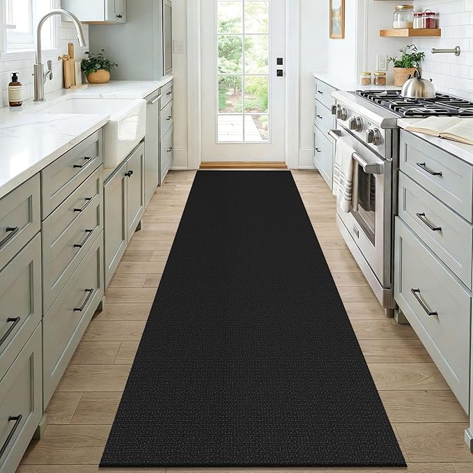 KOZYFLY Black 3x7 Washable Kitchen Runner Rug, Non Slip Wide Runners for Hallway, Cotton Entryway Runner, Braided Floor Carpet for Entry, Kitchen, Bedside, Hall, Black/Dark Grey
