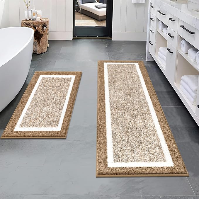 Pauwer Bathroom Rugs Sets 2 Piece, Non Slip Bath Mats for Bathroom, Absorbent Bath Rugs Floor Mat, Machine Washable Shower Rugs for Bath Floor, Tub and Shower, Khaki