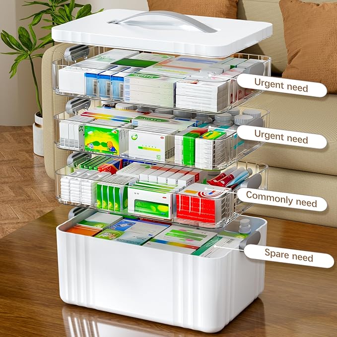 ARSTPEOE 4-Tier Medicine Organizer - Portable Medicine Cabinet with Plastic Handle, Multipurpose Medical Box, Empty First Aid Kit for Home