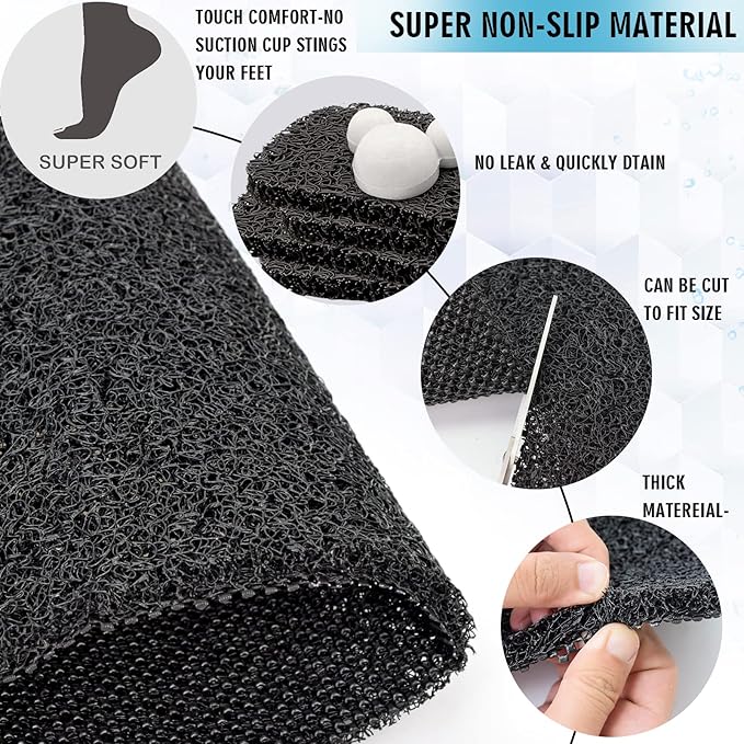 godehone Shower Mats Non Slip Without Suction Cups, PVC Loofah Bathroom Mats, Loofah Mats for Shower and Bathroom, Quick Drying, 23.6× 47.2 Inch, Black