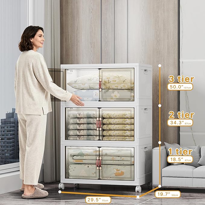 UAMFURI Stackable Storage Bins with Lids, 1050QT Closet Organizers and Storage with Doors and Wheels, Extra Large Storage Cabinet, Collapsible Plastic Drawers for Bedroom Office Garage