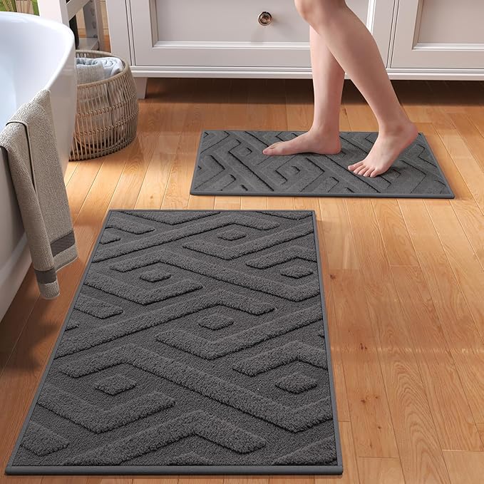 Non-Slip Bath Mat 16x24-2pc with Rubber Backing, Washable Thin Bath Mats for Bathroom Floor, Absorbent Bathroom Rugs, Quick Dry, Fits Under Door Grey