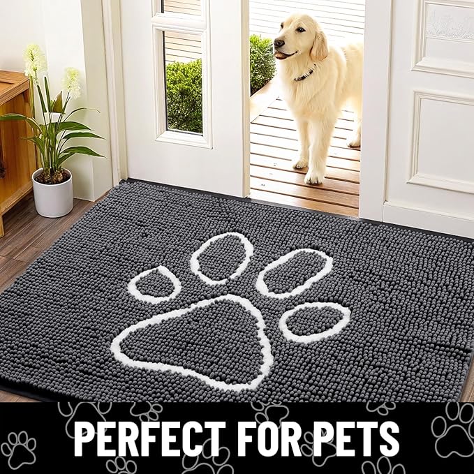 Smiry Dog Door Mat for Muddy Paws, Absorbent Dirt Trapper Non Slip Quick Dry Washable Chenille Mat for Mud Dogs, Entry Rug for Indoor and Outdoor (59x24 Inches, Dark Grey and White)