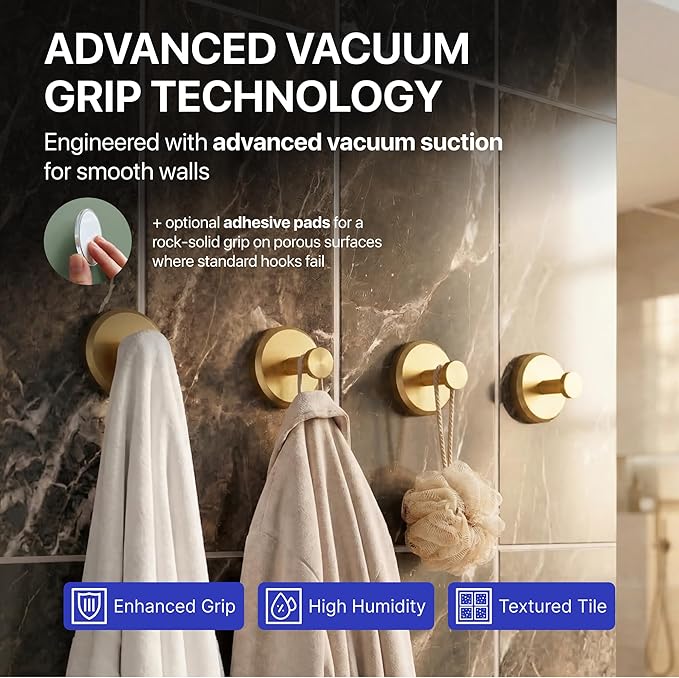 HOME SO Suction Cup Hooks for Shower & Bathroom Towel Holder 4-Pack – Suction Cups Hooks for Hanging Towels, Robes, & Coats - Tiles, Glass Door or Mirror – Shower Hooks & Towel Hooks Organizer - Gold