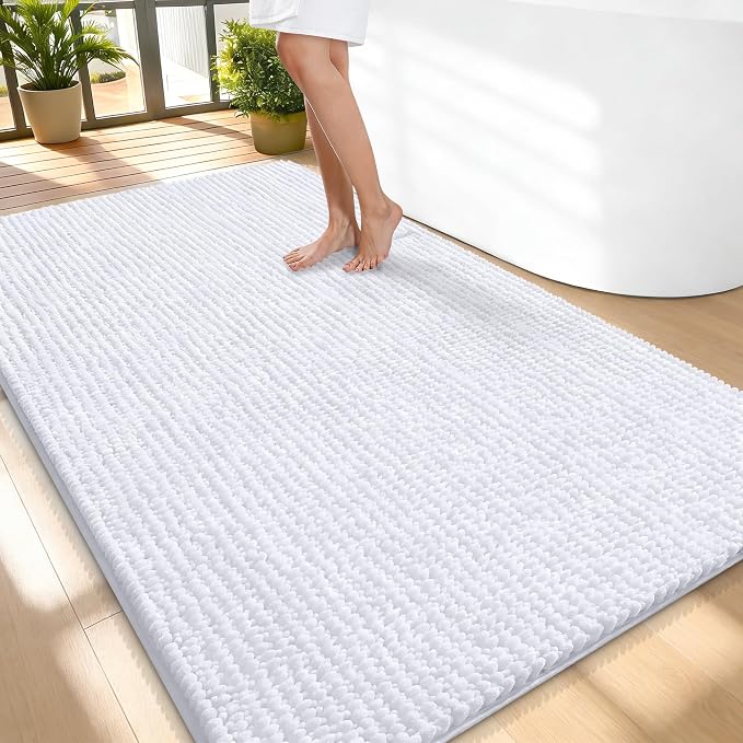 OLANLY Thick Large Bathroom Rugs 59x35, Extra Soft Absorbent Chenille Bath Rugs, Rubber Backing, Machine Wash Dry, Bath Mats for Bathroom Floor, Tub and Shower, Home Decor Accessories, White
