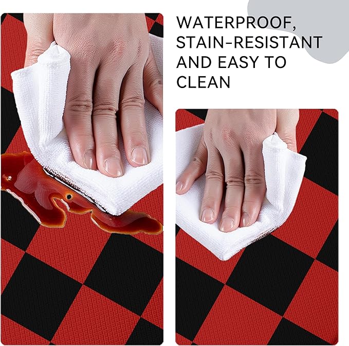 Black Red Christmas Checkered Grid Checkerboard Kitchen Rug Sets [2 PCs], Anti-Fatigue, Waterproof Non-Slip Kitchen Mats Heavy Duty Comfort Foam Rug for Kitchen, Floor, Laundry,17"x29"+17"x47"
