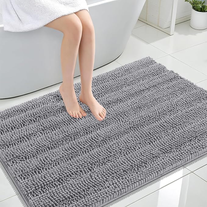 OLANLY Thick Large Bathroom Rugs 44x32, Extra Soft Absorbent Chenille Striped Bath Rugs, Rubber Backing, Machine Wash Dry, Bath Mats for Bathroom Floor, Tub and Shower, Home Decor Accessories, Grey