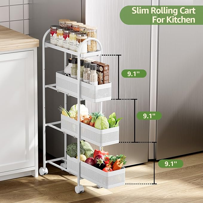 KINGRACK 4-Tier Slim Storage Cart with 3 Pull Out Basket, Rolling Bathroom Organizer Utility, Metal Shelving Unit Slide Out, Lockable Wheels, Easy Assembly for Narrow Place, Kitchen, Office, White
