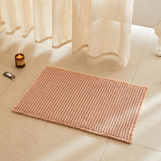 TYUU Waffle Bath Mat, Boho Bathroom Rugs Non Slip Washable Super Absorbent Quick Dry Bath Mat Farmhouse Bathroom Decor, 30"x20" Light Peach