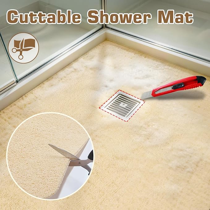 58x44 Extra Large Shower Mat, Anti Slip Shower Mats for Inside Shower, PVC Loofah Mats for Shower and Bathroom, Quick Drying, Beige