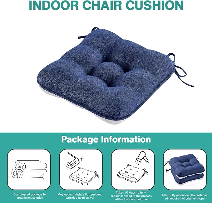 BETU Chair Cushions for Dining Chairs Set of 6,3.5" Thick Outdoor Indoor Chair Pads with Ties,Non Slip Backing and Covers, Seat Cushion for Kitchen Dining,Bar,Patio Furniture15.5"X15.5"X3.5",Navy Blue