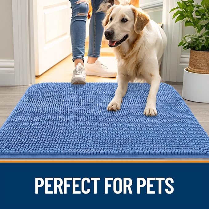 OLANLY Dog Door Mat for Muddy Paws 70x46, Absorbs Moisture and Dirt, Absorbent Non-Slip Washable Doormat, Quick Dry Chenille Mud Mat, Entry Indoor Entryway Carpet for Inside Floor, Cornflower Blue