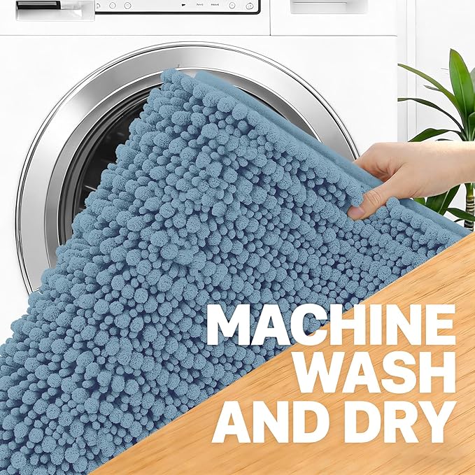 OLANLY Bathroom Rug Mat 70x46, Thick Soft and Absorbent Chenille Bath Mat, Non-Slip Rubber Backing, Machine Washable Quick Dry Bath Rugs for Tub Shower Floor, Home Decor Accessories, Airy Blue