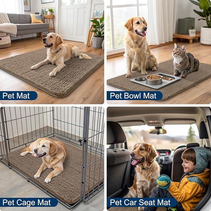 Smiry Dog Door Mat for Muddy Paws 30x20, Absorbent Dirt Trapper, Non-Slip Washable Chenille Entryway Rug for Inside Floor, Camel, Classic Solid