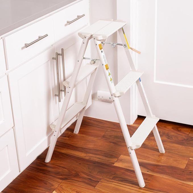 BIRDROCK HOME 3 Step Compact Steel Step Ladder - Sturdy Thin Folding Stool - Anti-Slip Steps - Great for Your Kitchen, Pantry, Closets, or Home Office - Indoor Stool - Silver