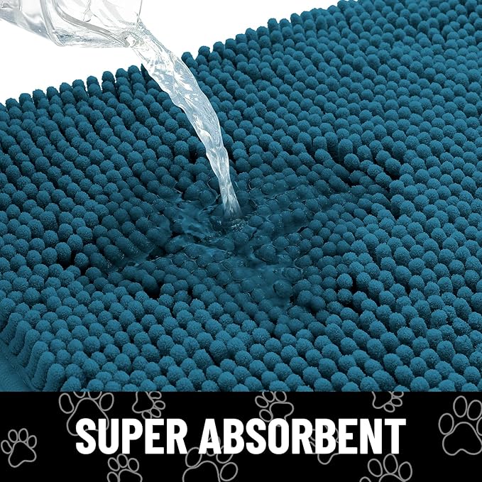 Smiry Dog Door Mat for Muddy Paws, Absorbent Dirt Trapper Non Slip Quick Dry Washable Chenille Mat for Mud Dogs, Entry Rug for Indoor and Outdoor (47x32 Inches, Atlantic Blue and White)