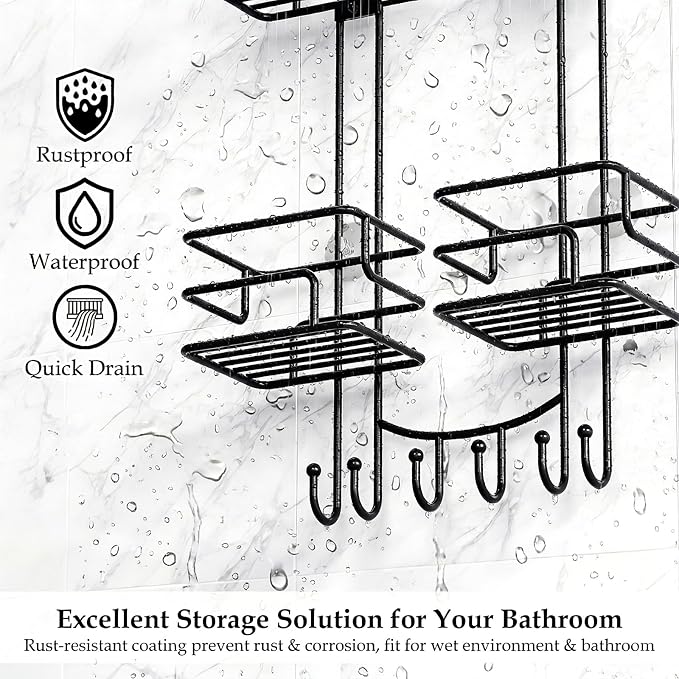 SRIWATANA Shower Caddy Hanging Over Head, Bathroom Shower Organizer Shower Rack Holder with Hooks for Razors - Black