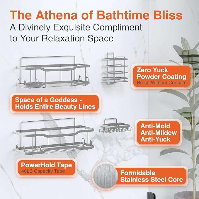 Shower Caddy Bathroom Shelves, The Athena Silken 4 Set, 40LB Capacity, Adhesive Tape No Drill - Rustproof -Gorgeous Powder Coated 304 Stainless Steel Shower Organizer for kitchen & Home Decor - Silver