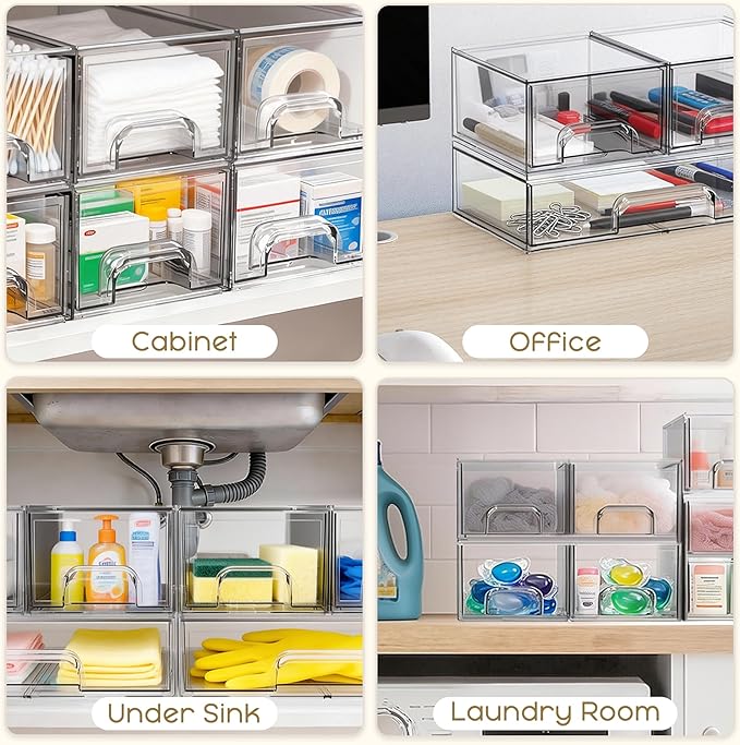 Criusia Stackable Storage Drawers, 3 Pack Clear Acrylic Makeup & Bathroom Organizer, Versatile Storage Bins for Vanity, Under Sink, Kitchen Cabinets & Pantry