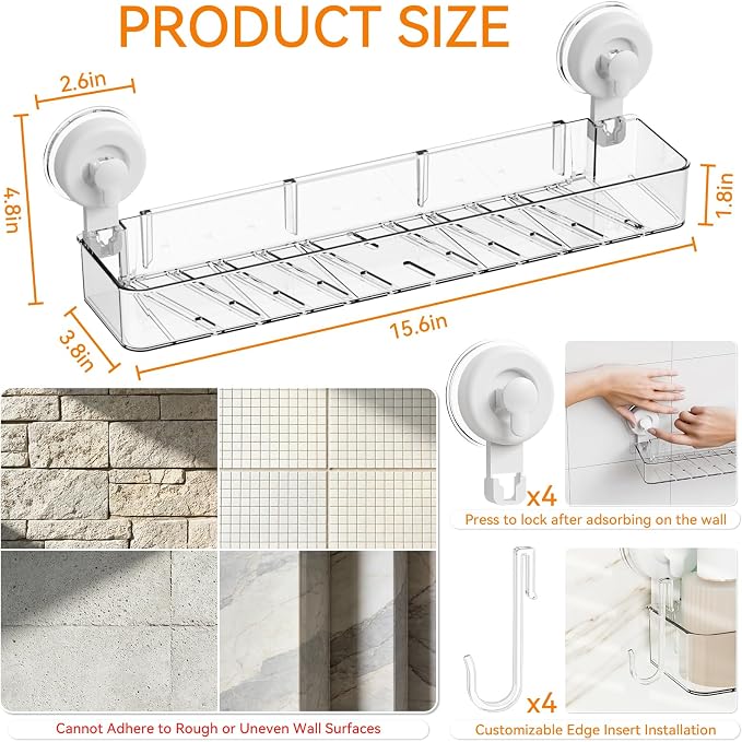 Clear 2 Pack Acrylic Shower Caddy Suction Cup,No Rust Bathroom Organizers and Storage Holder,Plastic Wall Mounted Shower Shelves,Bathtub Storage Organizer,Shampoo and Conditioner Holder for Washroom