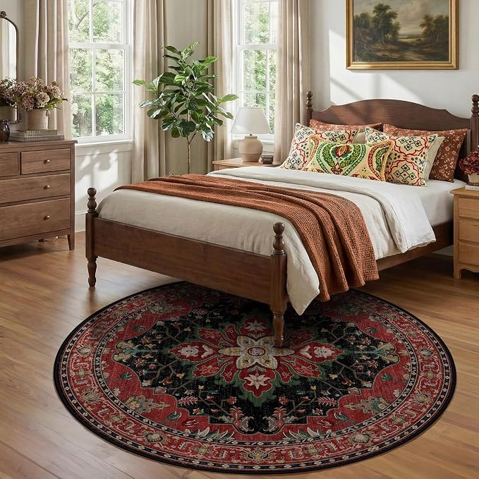 RELEANY Area Rugs Round 7ft Washable Non-Slip, Floral Vintage Distress Medallion Carpet for Living Room Bedroom Dining Room, Red Black