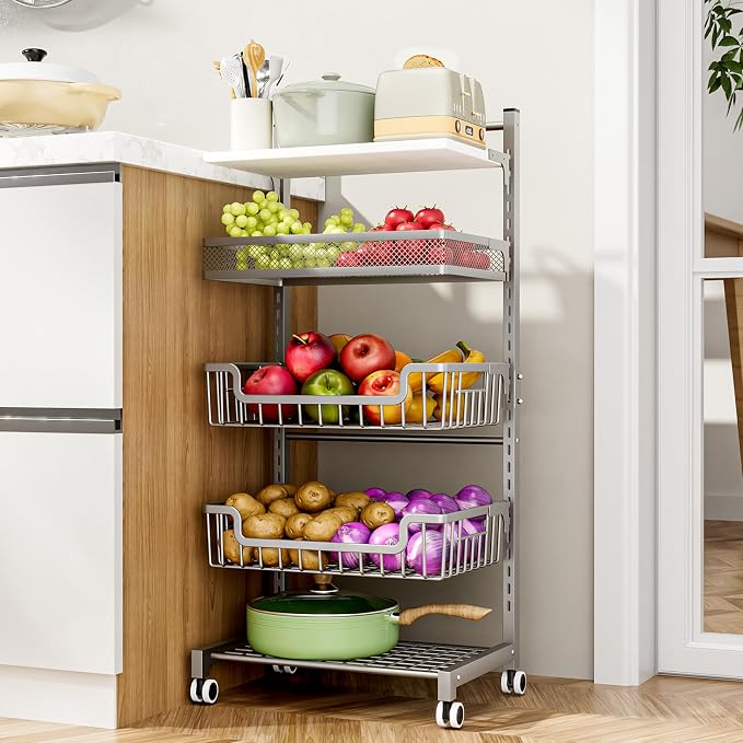 HapiRm Fruit Basket Kitchen Cart - 5 Tier Adjustable Vegetable Storage Rack, Large Capacity Rolling Kitchen Carts on Wheels for Snack Onion and Potato Storage
