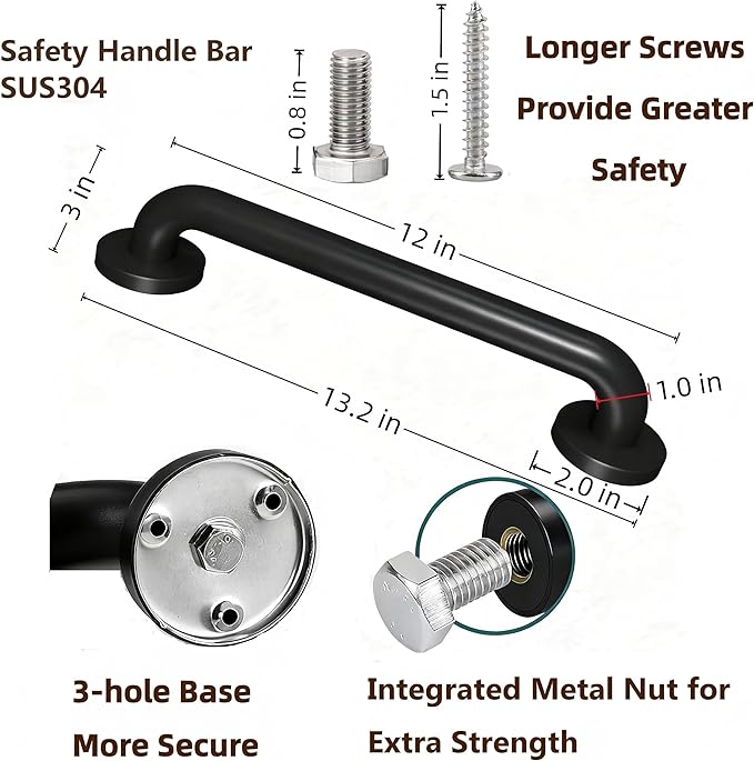 12 Inch Black Stainless Steel Handrail, Safety Grab Bars for Wall, Handicap Grab Bars for Bathroom, Shower, Toilet, RV Handrail, Hand Rails for Indoor Stairs, Stair Railing Indoor & Outdoor (2 Pack)