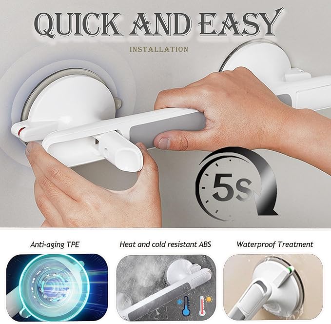 2 Pack Suction Cup Grab Bars for Bathtubs & Showers - Anti-Slip Shower Handles for Elderly, Seniors & Handicap - 13 Inch Heavy Duty Bathroom Safety Grip Bar, Tool-Free Install