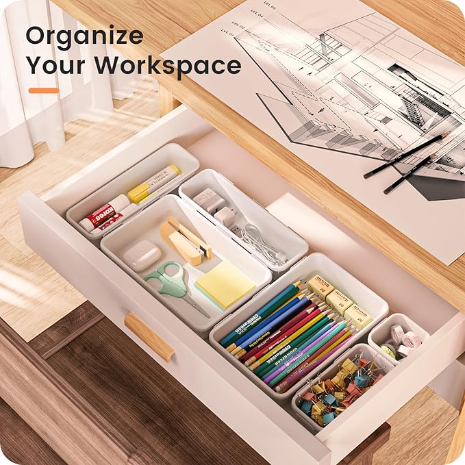 A-LuGei 【Military Grade】 Drawer Organizer, 【𝟱𝗦𝗶𝘇𝗲】 Makeup organizer, 【Holds 177 Items】 Bathroom Organizers and Storage, Organization and Storage, Desk Drawer Organizer for Vanity (White)