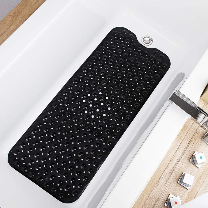 TEESHLY Bathtub Mats for Shower Tub, Extra Long Non-Slip 39 x 16 Inch Bath Mat with Drain Holes and Suction Cups, BathMat for Bathroom with Machine Washable (Opaque Black)