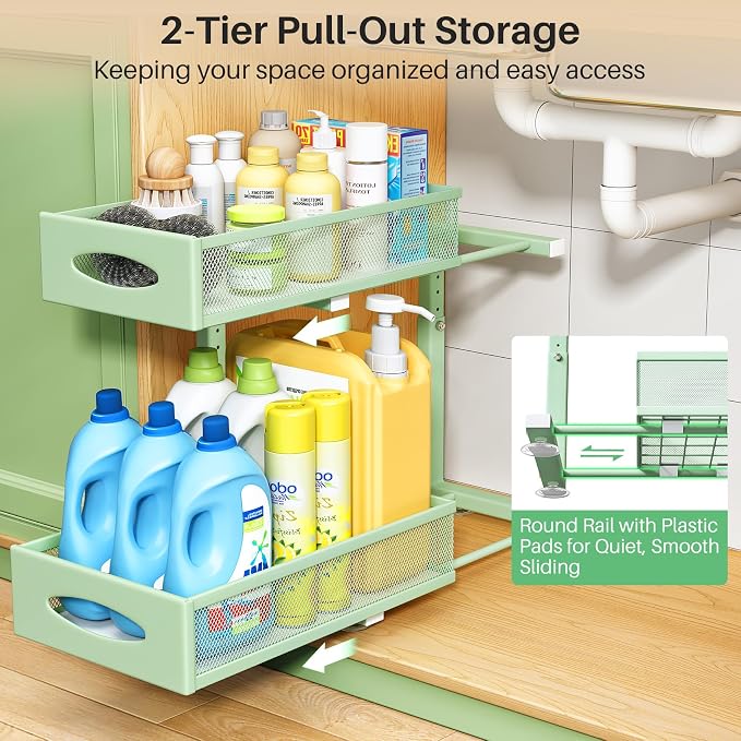 2 Pack Under Sink Organizer, 2 Tier Pull out Cabinet Organizer Mesh Baskets with 5 Adjustable Heights, Sliding Drawers Storage Shelf for Home, Kitchen, Bathroom, Pantry, Office, Countertop ,Green