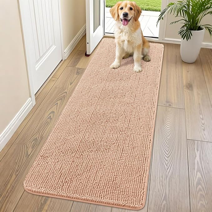 Smiry Dog Door Mat for Muddy Paws 70x24, Absorbent Dirt Trapper, Non-Slip Washable Chenille Entryway Rug for Inside Floor, Peach, Classic Solid