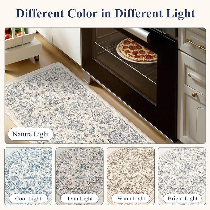 KIMODE Kitchen Mats for Floor Cushioned Anti Fatigue 2 Piece,Boho Floral Kitchen Rugs Non Slip 20" x 59"+20" x 32",Wide Memory Foam Kitchen Mat Carpet for Laundry Office Home,Blue